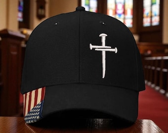Christian Cross Baseball Cap, Religious Christian Cross Design, Black AM305 Flag Brim HAT. Adjustable Hat and Free Decal.