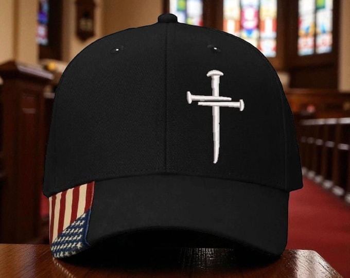 Christian Cross Baseball Cap, Religious Christian Cross Design, Black AM305 Flag Brim HAT. Adjustable Hat and Free Decal.