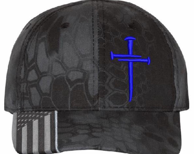 Jesus Christ 3 Nail Cross BLUE Custom Embroidered Typhoon Hat with USA Flag Brim, Christian Hats for Men or Women Christianity Jesus Christ