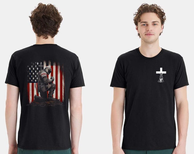 Christian Mens T-shirt "Jesus Christian Kneeling Flag" Black Short Sleeve Shirt