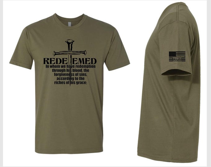 Christian Men's T-Shirt Redeemed 3 Nails Cross Olive Green Short Sleeve Shirt