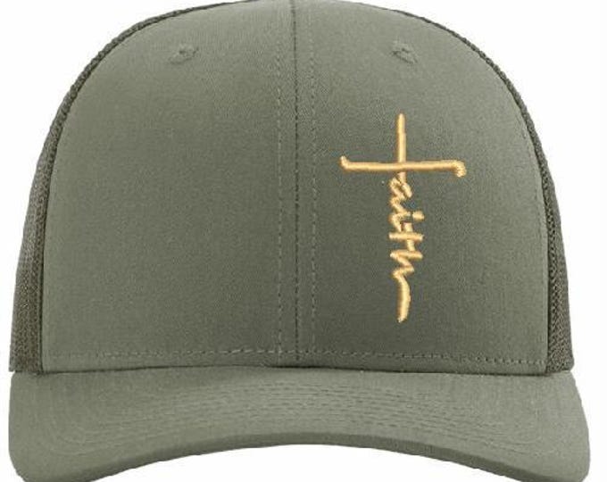 Christian Cross Faith Unisex Hat Embroidered Richardson 112 Loden Green Snapback Hat