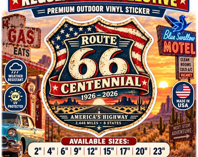 Route 66 Centennial Sticker, 100 Years 1926-2026 Vinyl Decal, Mother Road Retro Highway Sticker, Regular or Reflective