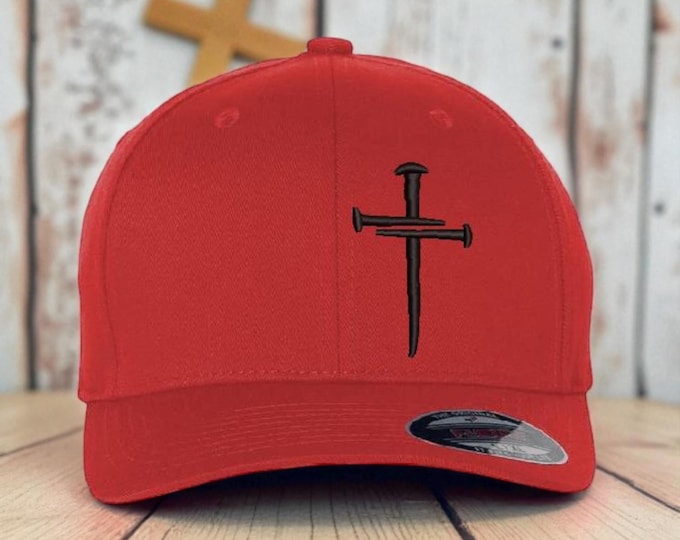 Jesus  Cross Christian Hat Christian Hats for Men Women Jesus  Cross Hat RED FLEX FIT S/M with a Free 4" Decal