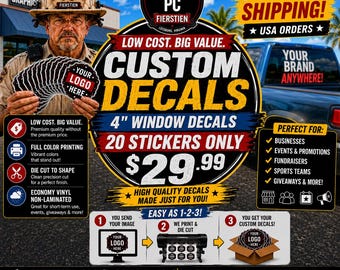 20 Custom 4 Inch Vinyl Decals | Personalized Logo Stickers | Bulk Stickers for Business, Fire Departments, Schools, Teams, Clubs & Events