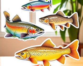 Fishing Stickers Set of 4 Waterproof TROUT mult colored decals 8" wide decals UV Laminated Funny Fishing Fisherman Decals