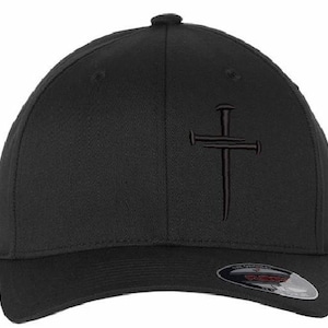 Christian Hats for Men Women Jesus 3 Nail Cross Hat BLACK Black S/M FLEX FIT hat with a free 4&quot; decal
