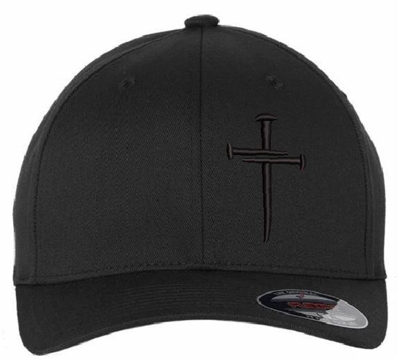 Christian Hats for Men Women Jesus 3 Nail Cross Hat BLACK Black S/M FLEX FIT hat with a free 4" decal