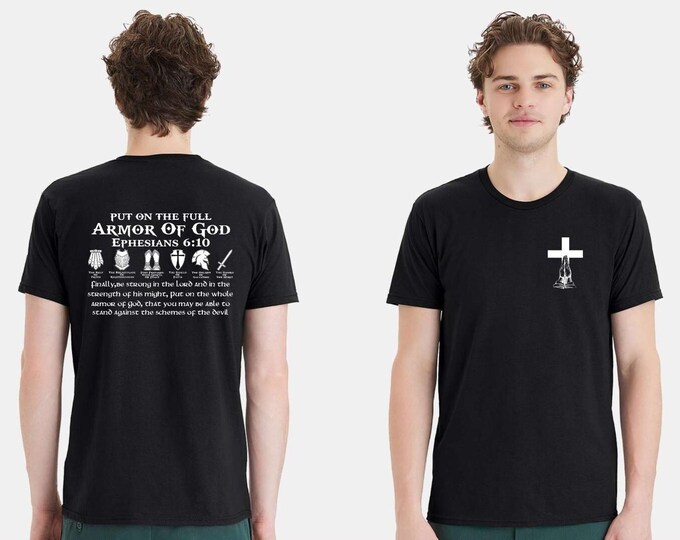 Christian Mens T-shirt " Put on the Full Armor of God Black Short Sleeve Shirt