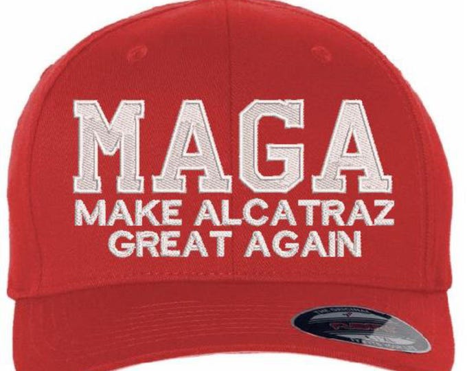 Make Alcatraz Great Again Embroidered Flex Fit Red Hat with USA Flag and Back