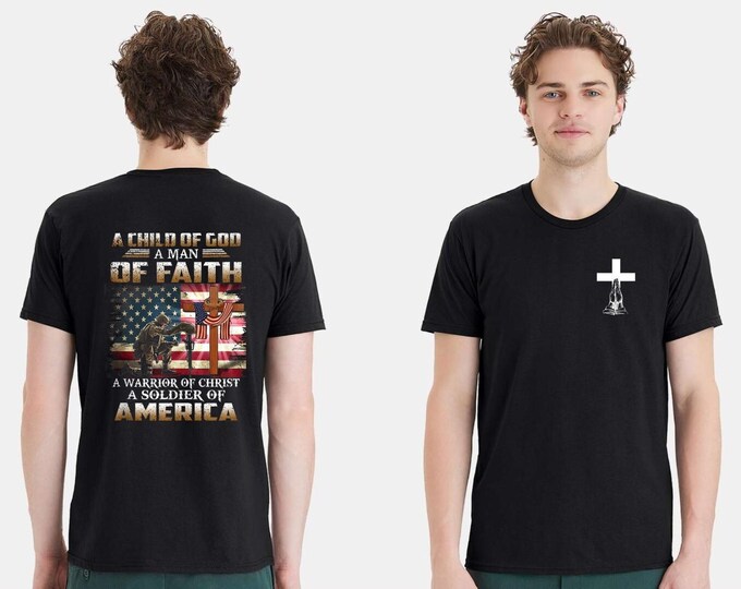 Christian Mens T-shirt Child of God Man of Faith America USA Short Sleeve Shirt