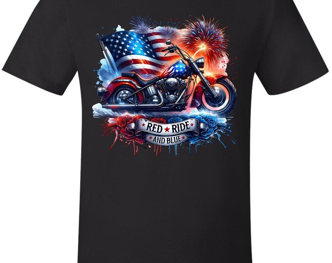 4th of July Independence day Tshirt Red Ride and Blue Motorcycle Printed Tshirt