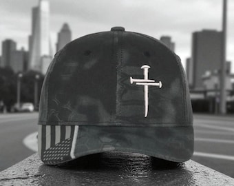 Jesus Christ Christian Cross WHITE Cross Custom Embroidered Typhoon Hat with USA Flag Brim, Christian Hats for Men or Women