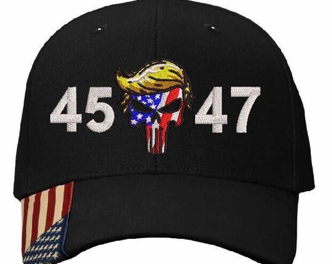 Trump 2025 Hat "45-47 USA Skull" Embroidered Adjustable USA300/AM350S Trump Hat