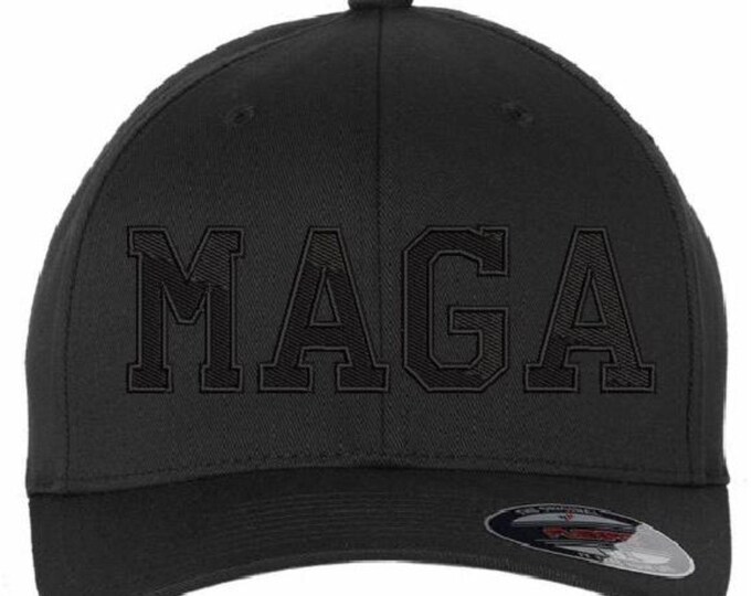 Trump Hat Make America Great Again Fitted Black Hat with Side Flag, Trump 2025 on the back.