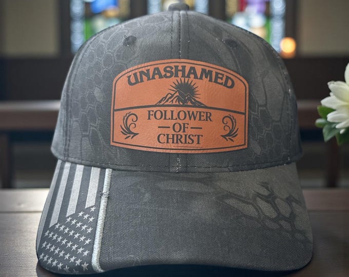 Unashamed Follower of Christ Christian Richardson, Typhoon or Flex Fit Fitted Leatherette Patch Hat