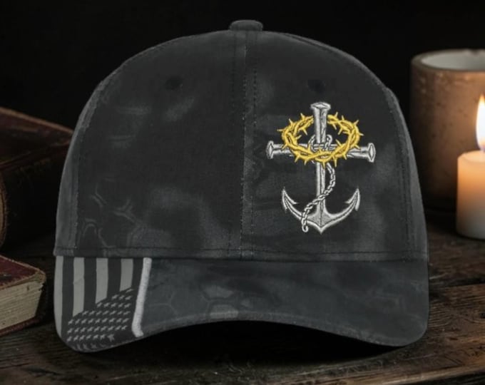Christian Anchor Cross Hat: Embroidered Crown of Thorns, American Flag Bill