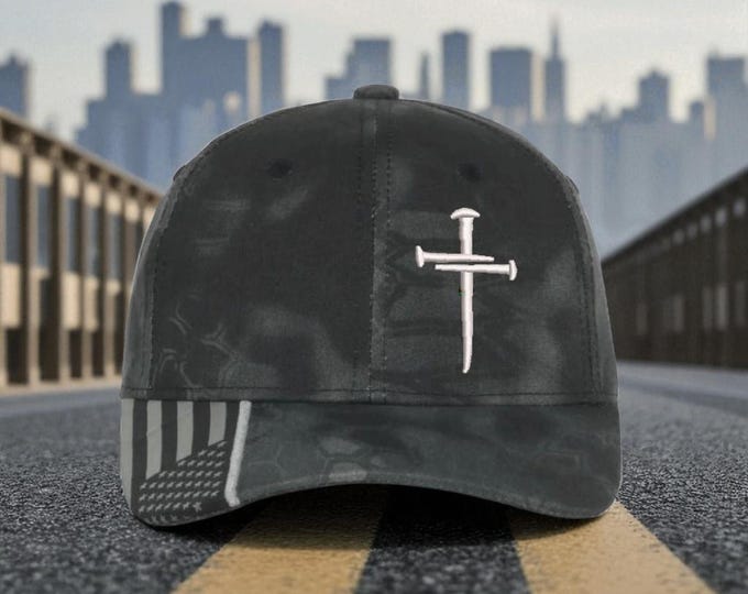 Jesus Christ Christian Cross Custom Embroidered Typhoon Hat with USA Flag Brim and Buckle Adjustment, Christian Hats for Men or Women