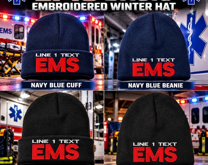 Custom Firefighter Winter Hat, BASIC EMS Style Personalized Embroidered Fire Department Beanie or Cuff Fire Department Hat