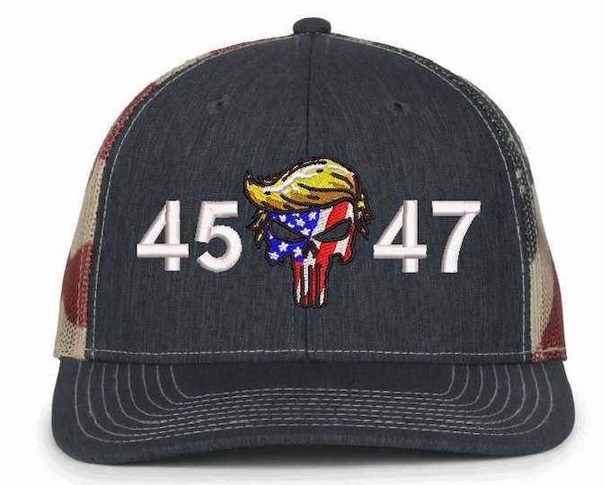 Trump 2025 Hat - 45 Punisher 47 Adjustable USA Old Glory Flag Hat MAGA Trump