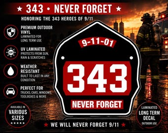 343 Firefighter Decal, 9/11 Never Forget Memorial Sticker, Red Black Firefighter Helmet Decal, Fire Department Window Sticker