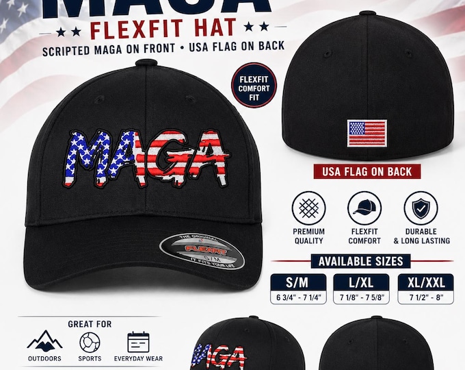 MAGA Flexfit Hat, Trump 2028 Patriotic Hat, American Flag Embroidered MAGA Cap, USA Flag Back, Pro America Gift