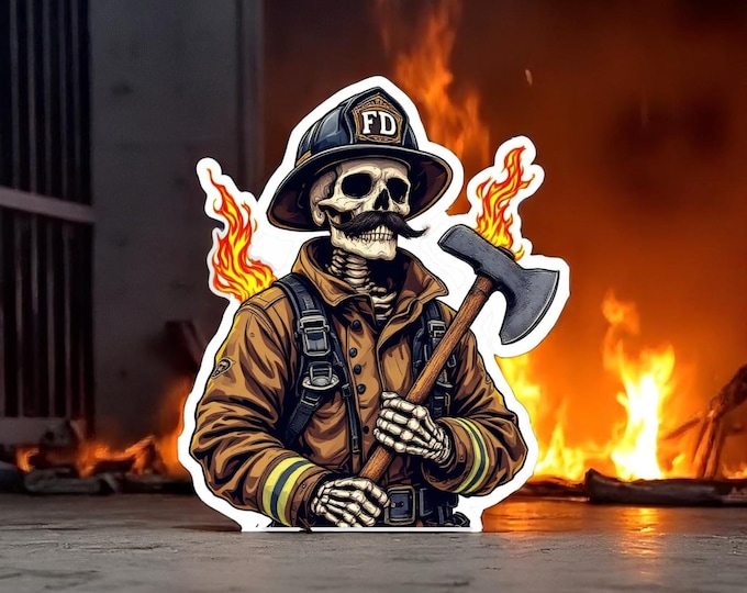 Skeleton Firefighter Sticker, firefighter, bunker gear, fireman, ax, mustache, fire department, hero, firehouse, sticker, fire, flames,decal