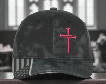 Jesus Christ  Cross HOT PINK Embroidered Typhoon Hat with USA Flag Brim, Christian Hats for Men or Women Christianity Jesus Christ
