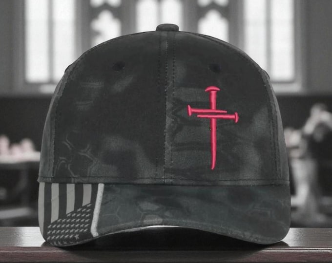 Jesus Christ 3 Nail Cross HOT PINK Embroidered Typhoon Hat with USA Flag Brim, Christian Hats for Men or Women Christianity Jesus Christ