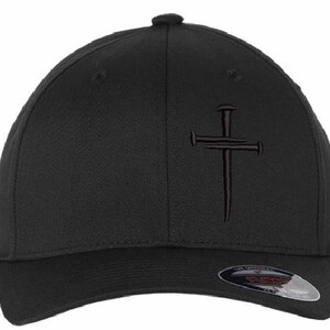 Christian Hats for Men Women Jesus 3 Nail Cross Hat BLACK Black XL/2X FLEX fit hat with a free 4&quot; decal