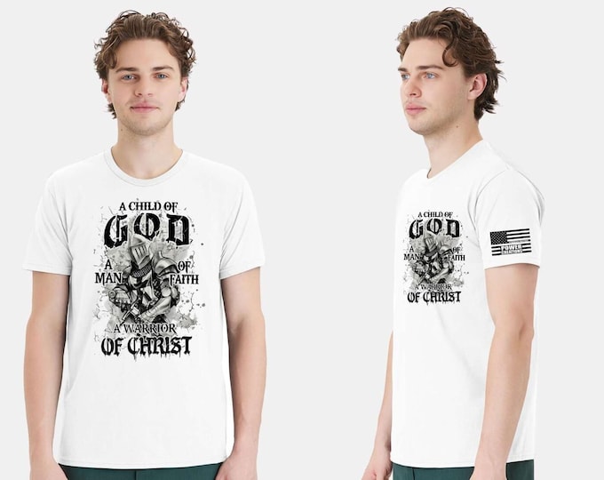 Christian Mens T-shirt Child of God Warrior Christ White Short Sleeve Shirt