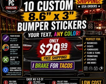 10 Custom Bumper Stickers 8.6" x 3" Personalized Text Any Color | Custom Car Decals | Bulk Vinyl Stickers | Business Truck Decals