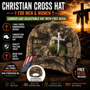 May include: A camouflage baseball cap featuring an embroidered white three-nail cross on the front panel. The brim displays a partial American flag pattern on the side. The back of the cap includes an adjustable strap with a small American flag detail.