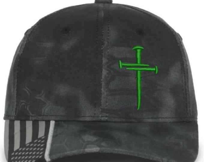 Christian Cross GREEN Sacred Nails Kryptek Typhoon Adjustable hat with FREE CHALLENGE coin