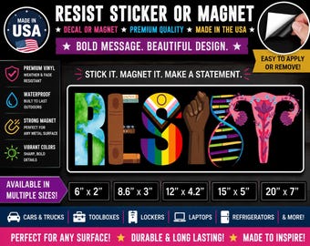 Resist Bumper Sticker or Magnet, Social Justice - Banned Books, BLM, Reproductive Rights, Climate Change, LGBT Rights