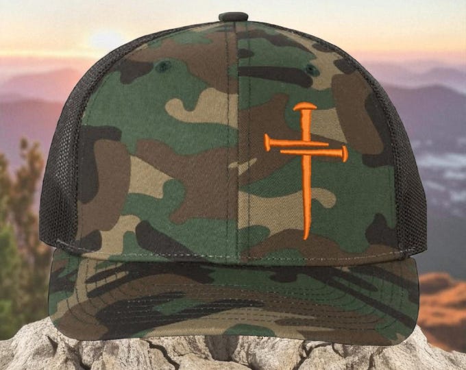 Christian Cross Camouflage 112P Meshback Religious Hat with Christian Cross embroidered on the front