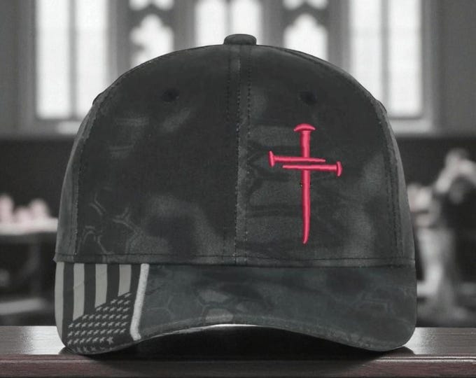 Christian Cross HOT PINK Sacred Nails Kryptek Typhoon Adjustable hat with FREE challenge coin