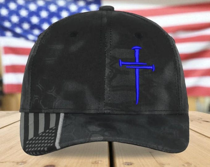 Jesus Christian Cross BLUE Custom Embroidered Typhoon Hat with USA Flag Brim, Christian Hats for Men or Women Christianity Jesus Christ