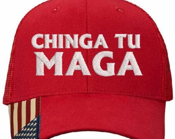 Chinga Tu MAGA Hat - Antin Trump Hat Adjustable Mesh Back Red Hat with USA Flag Brim