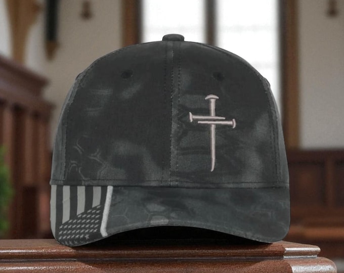 Jesus Christ 3 Nail Cross Custom Embroidered Typhoon Hat with USA Flag Brim, Christian Hats for Men or Women Christianity Jesus Christ