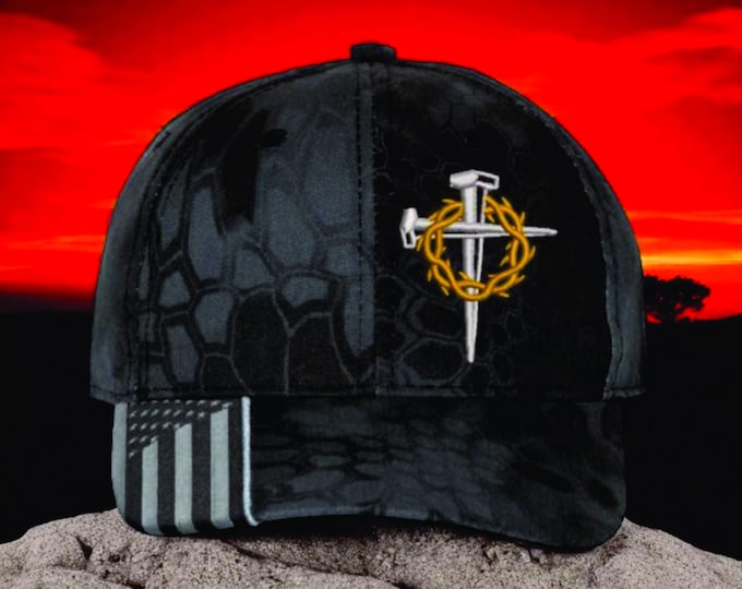 Jesus Crown of Thorns Embroidered Typhoon Hat with USA Flag Brim, Christian Hats for Men or Women. Christianity Jesus Christ