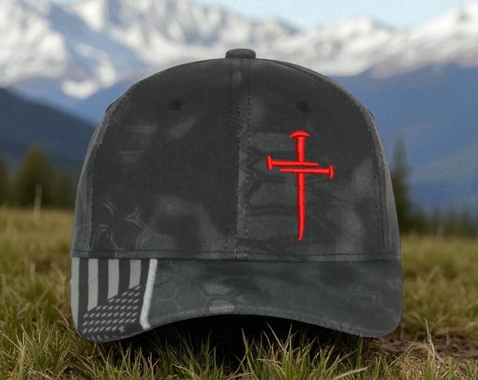 Jesus Christ 3 Nail Cross RED Custom Embroidered Typhoon Hat with USA Flag Brim, Christian Hats for Men or Women Christianity Jesus Christ