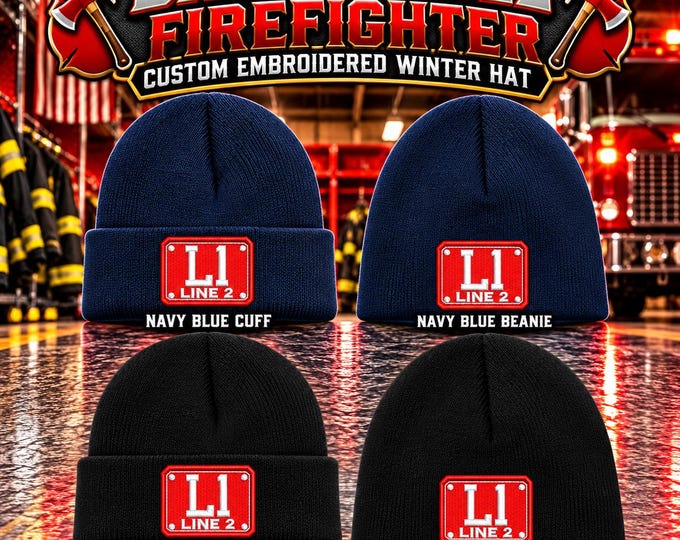 Custom Firefighter Winter Hat, BADGE STYLE Personalized Embroidered Fire Department Beanie or Cuff Fire Department Hat