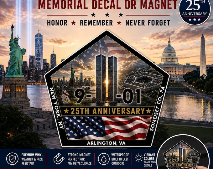 9/11 Memorial Decal - 25th Anniversary Decal, Never Forget September 11 Memorial Sticker, Twin Towers 2001, Patriotic USA Remembrance Decal