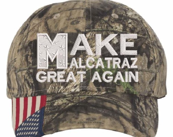 Make Alcatraz Great Again Hat Embroidered Adjustable Hat MOSSY USA Flag Adj. Hat