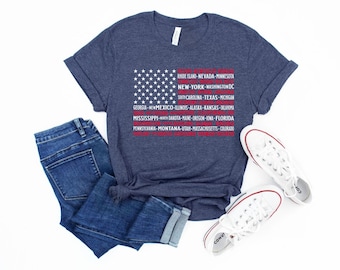 Vintage American Flag Tee with States, Fourth of July Tees, United States Tshirts, July 4th Graphic Tee, USA Shirts, Patriotic T Shirts
