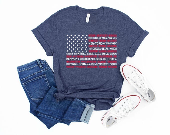 Vintage American Flag Tee with States, Fourth of July Tees, United States Tshirts, July 4th Graphic Tee, USA Shirts, Patriotic T Shirts