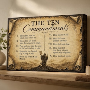 May include: A rectangular canvas wall art piece featuring a vintage parchment scroll design with the text THE TEN COMMANDMENTS and the full list of commandments. A central illustration depicts a figure holding stone tablets on a mountain.