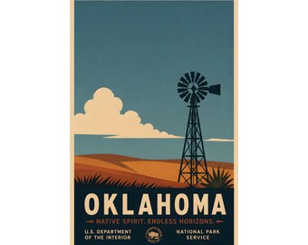 Oklahoma Windmill Print | Vintage Prairie Landscape WPA Style Poster