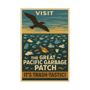 May include: A vintage-style poster with a seagull flying above a polluted ocean. The text reads "VISIT" at the top, and "THE GREAT PACIFIC GARBAGE PATCH - IT'S TRASH-TASTIC!" at the bottom. The artwork uses a muted color palette of blues, greens, and browns.